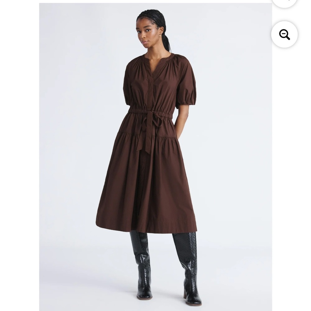 Free Assembly Women's  Cotton Midi Dress with Puff Sleeves buttons brown